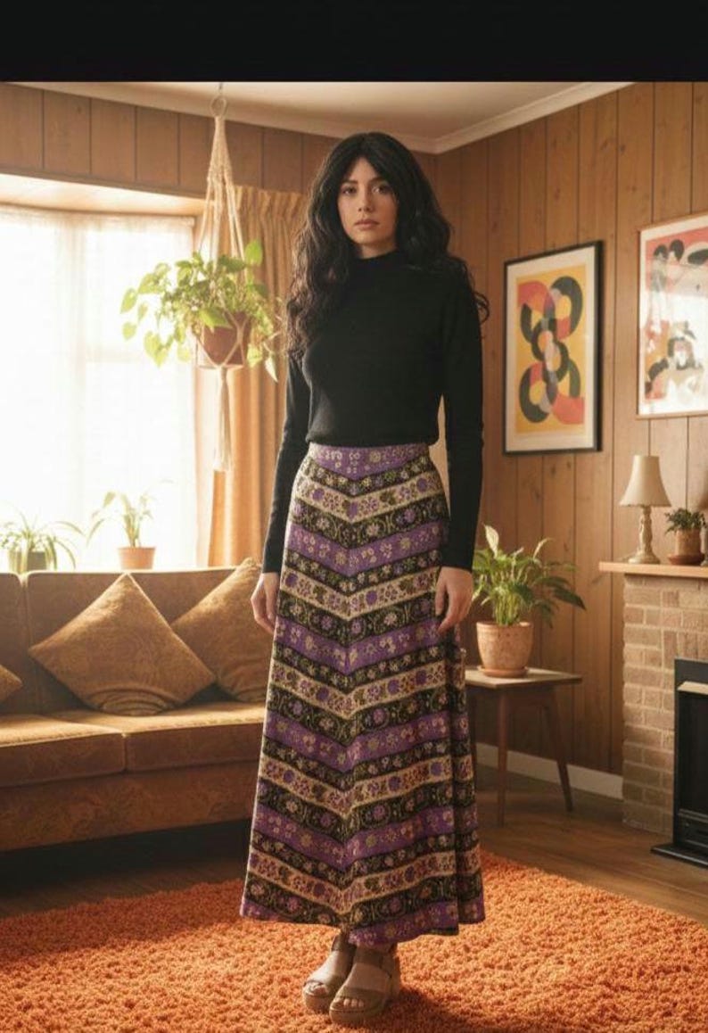 Falda larga midi vintage Samuel Sherman de jersey con estampado floral y frutas de los años 70, talla S 6 8 34 / Reino Unido 6 8 / UE 34 36 / EE. UU. 2 4 imagen 1