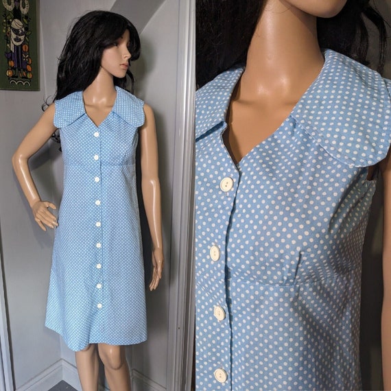 Vintage 60s Cotton Blue Collared Spot Button polk… - image 1