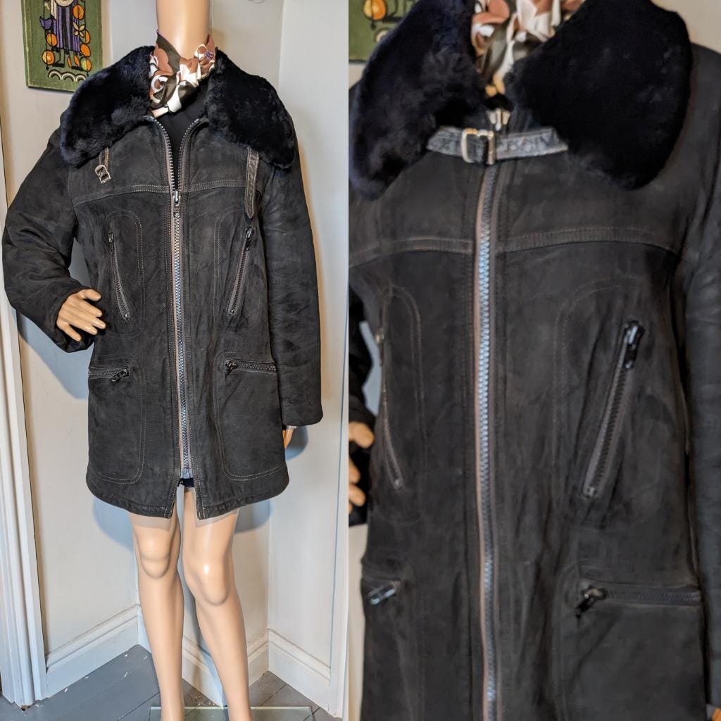 suède fur jacket / Mods coat vintage Vintage Borg Lined 70s Suede Fur Collar Jacket Coat Zip Mod Boho L