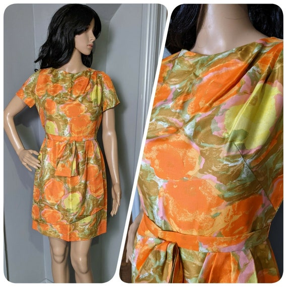 Silk 60s 50s Painted Floral Wiggle Bombshell Mini… - image 1