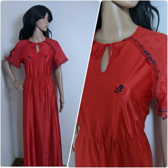 Vintage 70s Silky Red Embroidered Lace Negligee N… - image 1