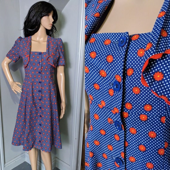 Vintage 70s Navy Red Daisy Polkadot Spot Sun Dres… - image 1