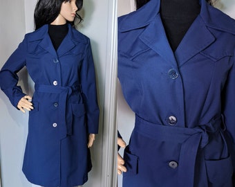 Vintage 60s 70s St Michael Navy Belted Knee Length Mac Raincoat Trench Coat Mod UK 10 12 // EU 38 40 // US 6 8