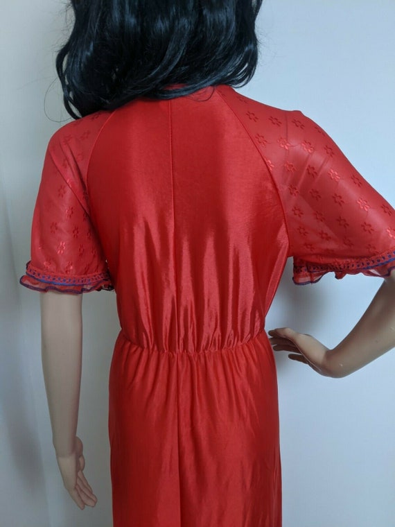 Vintage 70s Silky Red Embroidered Lace Negligee N… - image 7