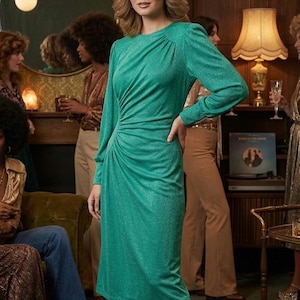 Vestido de fiesta ajustado y fruncido verde estilo bombshell de Carnegie London, estilo vintage de los años 70 y 80. Talla M / UK 12 / EU 40 / US 8.