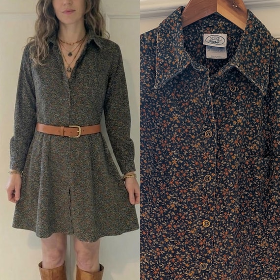 Laura Ashley, Laura Ashley Vintage Needlecord Cord Ditsy Floral Shirt Mini Tunic Dress / UK 8 10 / EU 36 38 / US 4 6