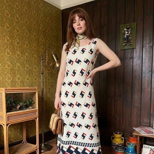 Vintage 70s Carnegie Maxi Geometric Navy Red Mod Shift Dress 10 12 38  / UK 10 12 / EU 38 40 / US 6 8