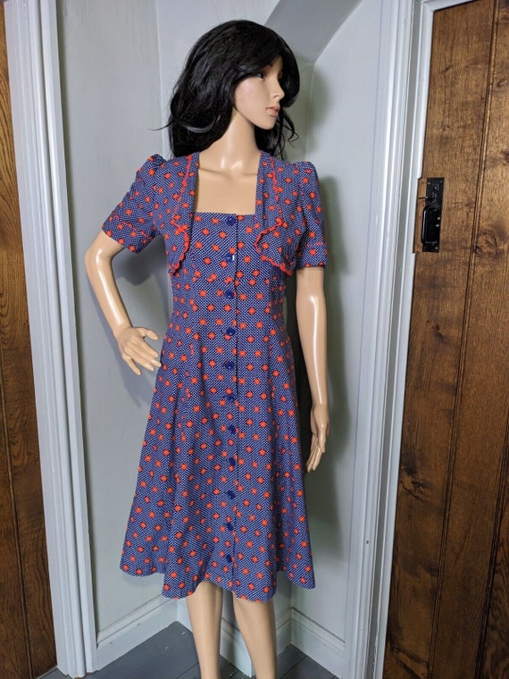 Vintage 70s Navy Red Daisy Polkadot Spot Sun Dres… - image 3