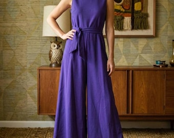Vintage jaren 70/60 paarse wijd uitlopende jumpsuit kattenpakje uitlopend disco UK 10 12 / EU 38 40 / VS 6 8