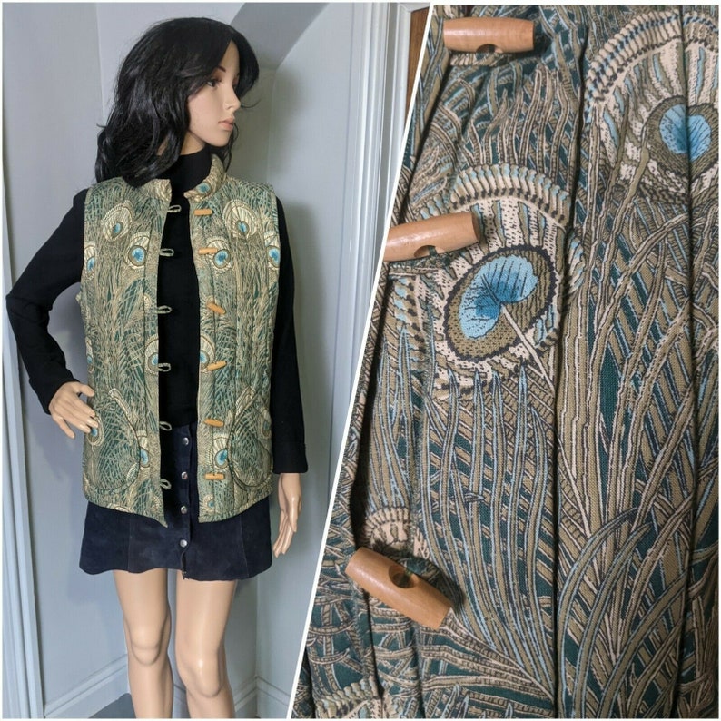 Vintage Liberty Hera Peacock Quilted Cotton Waistcoat Gilet Vest Jacket Small UK 8 10 EU 36 38 US 4 6