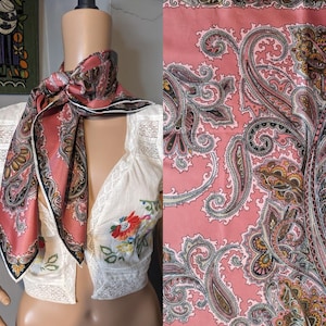 Vintage 60s Silky Pink Paisley Mod Bohemian Square Scarf 32&quot;
