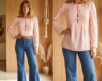 Blusa/camisa estilo boho vintage de los años 70 de algodón con pliegues de ganchillo, tallas 8 10 36" // US 4 6
