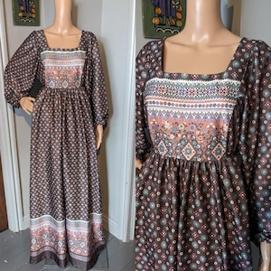 Vintage 70s Geo Silky Floral Kaftan Balloon Sleeve Maxi Boho Dress M 12 40 / UK 12 / EU 40 / US 8