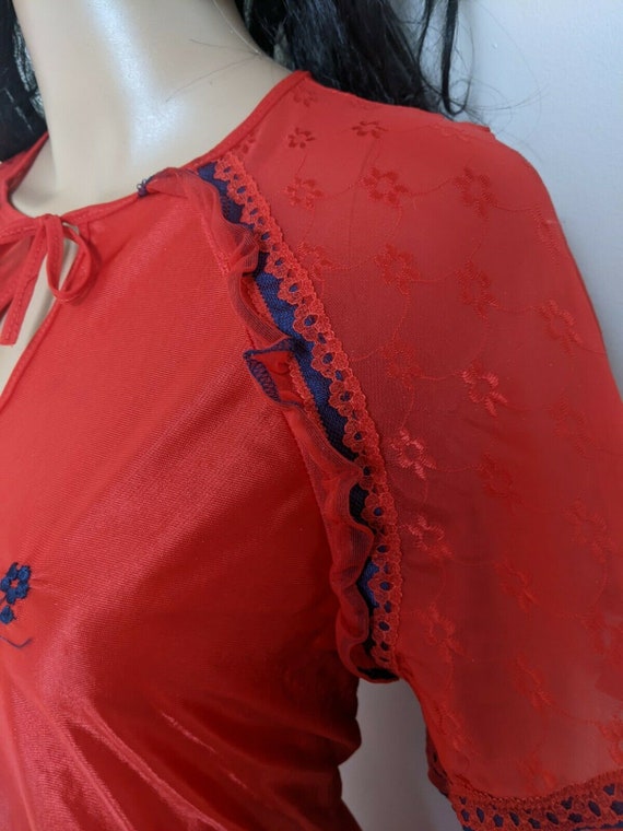 Vintage 70s Silky Red Embroidered Lace Negligee N… - image 6