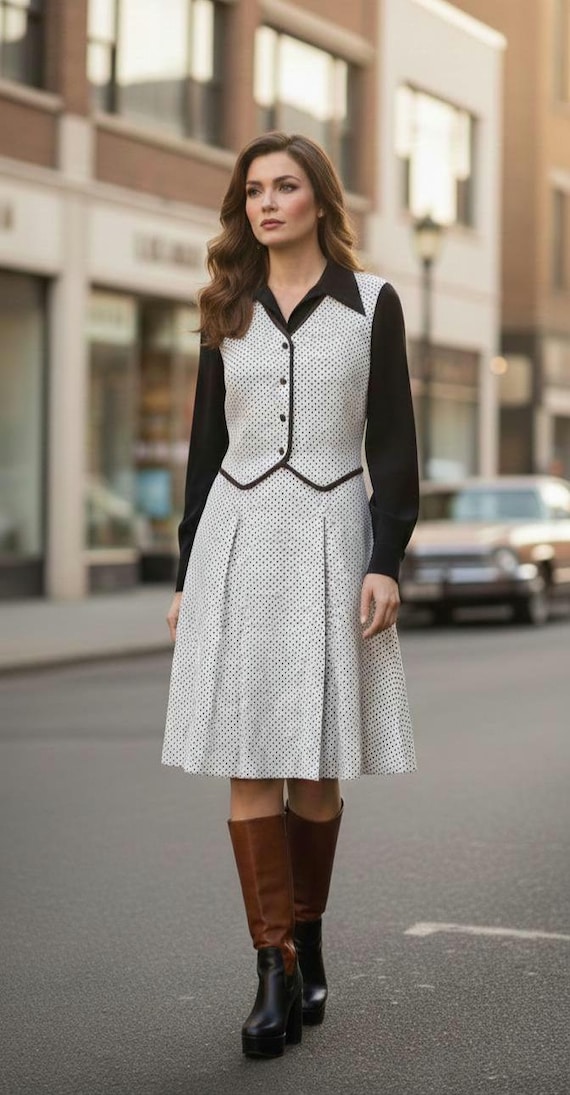 Vintage Glenard 70s 2 In 1 Vest Waistcoat Crimplene Shift Pinafore A line Dress S M / UK 10 12 / EU 38 40 / US 6 8