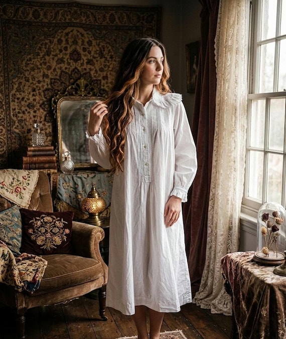 Lunn Antiques Cotton Pintuck Prairie Cotton Victorian Nightdress Vintage Dress M L 48