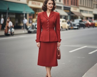 Vintage rode wollen gabardinepak jaren 1940 1950's Lilli Ann-stijl geweldige peplum