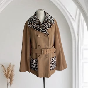 1960&#39;s Vintage Faux Leopard with Wool Cape Poncho Coat