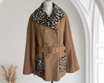 1960er Vintage Faux Leopard mit Wolle Cape Poncho Mantel