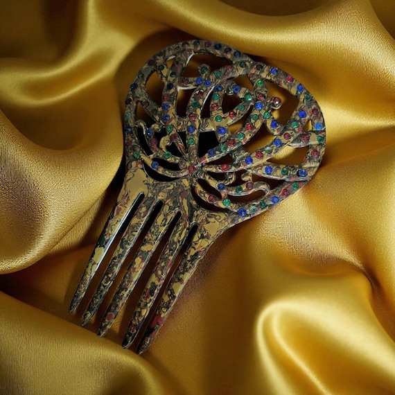 1900 1920 Art Deco Art Nouveau Celluloid Hair Comb Delicate Multicolor Ornate Design