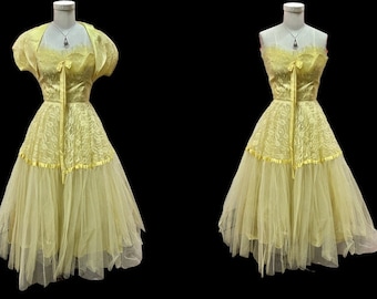 1950's Vintage Yellow Tulle and Lace Party Prom Dress with Matching Bolero Cup Cake