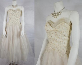 NOW ON SALE! 1950's Vintage White Tulle Prom Dress with Red Glitter