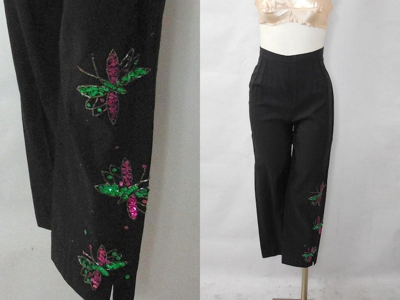 Vintage 1960s Solid Black Hi Rise Double Knit Polyester Pedal Pushers or  Capri Pants 