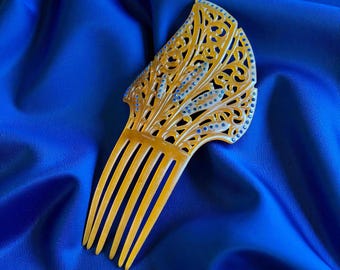 1900 1920 Art Deco Art Nouveau Large Celluloid Hair Fan Comb Blue Stones Delicate Design