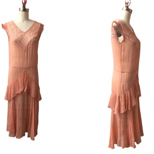 NOW ON SALE! 1920&#39;s 1930&#39;s Gorgeous Vintage Peach Chiffon with Lace Day Dress