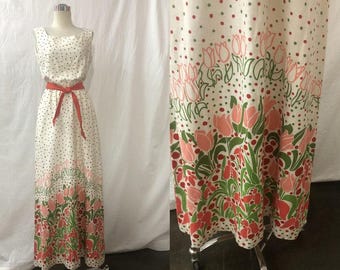 Abito lungo senza maniche in misto cotone vintage anni '60, bianco, con motivo floreale e pois