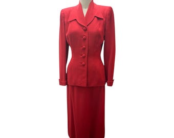 1940's 1950's Vintage Red Wool Gabardine Suit Lilli Ann Style Amazing Peplum