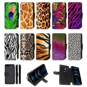 Funda para teléfono con tapa/billetera con estampado de piel de animal, guepardo, leopardo, pavo real, jirafa, cebra y serpiente, compatible con Apple iPhone, Google Pixel y Galaxy.