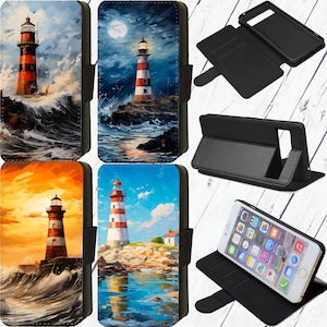 Pode incluir: Quatro designs diferentes de capas para telefone que apresentam faróis com um fundo azul, laranja e preto. As capas são feitas de um material durável e têm um design elegante.