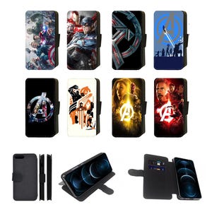 Iron Man Captain America Superheroes Avengers geïnspireerd bedrukte flip/portemonnee telefoonhoesje voor Apple iPhone, Google Pixel en Samsung Galaxy (S2)