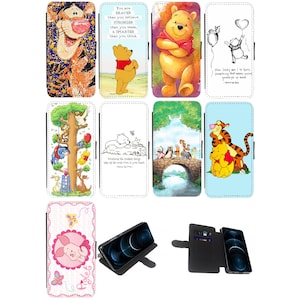 Funda tipo cartera o abatible con diseño de Winnie The Pooh, Tigger, Eeyore, Piglet y miel para iPhone SE, 7, 8, X, XS, XR, 11, 12, 13, 14, 15, 16 Mini Plus Pro Max (S1)