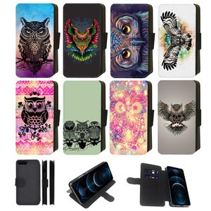 Funda tipo cartera con diseño de búho y pájaro, compatible con Apple iPhone, Google Pixel y Samsung Galaxy.