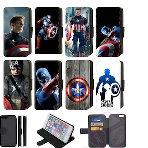 Custodia a portafoglio con stampa ispirata a Superhero Captain America Avengers compatibile con Apple iPhone, Google Pixel, Samsung Galaxy (S1)