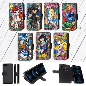 Custodia a portafoglio con cerniera per telefono cellulare con stampa a mosaico in vetro colorato ispirata a Disney, compatibile con Apple iPhone, Google Pixel, Samsung Galaxy (S2)