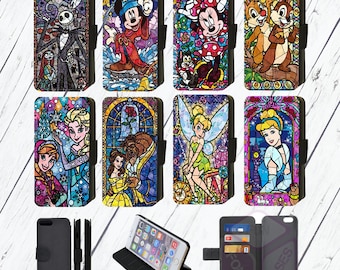 Étui pour téléphone à rabat avec personnage inspiré de Disney en vitrail en mosaïque imprimée compatible avec Apple iPhone, Google Pixel, Samsung Galaxy (S1