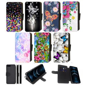 Bonita funda tipo cartera con diseño floral de mariposas y colores vibrantes, compatible con Apple iPhone, Google Pixel y Samsung Galaxy (juego de 2)