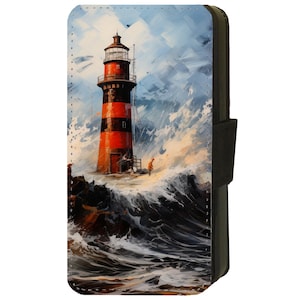 May include: A red and black lighthouse stands tall on a rocky outcropping, with crashing waves in the foreground. The sky is a stormy blue with white clouds.