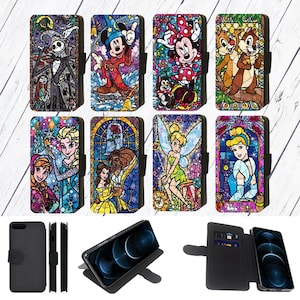 Custodia a portafoglio con cerniera per telefono cellulare con stampa a mosaico in vetro colorato ispirata alla Disney, compatibile con Apple iPhone, Google Pixel, Samsung Galaxy (S1