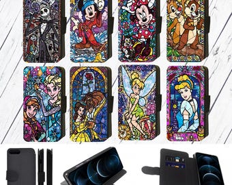 Printed Mosaic Stained Glass Disney Inspired Character Flip Phone Case Wallet compatible with Apple iPhone, Google Pixel, Samsung Galaxy (S1