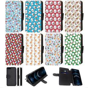 Peut inclure: Une collection d'étuis de téléphone sur le thème de Noël. Les étuis présentent divers motifs festifs, notamment des bonhommes de neige, le Père Noël, des rennes et des personnages de vacances. Les étuis sont de différentes couleurs, dont le bleu, le rouge et le vert, avec des accents noirs.