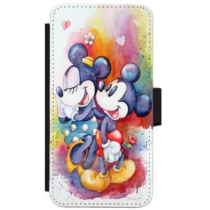 Custodia a portafoglio/a libro ispirata a Disney con motivo Minnie e Topolino, compatibile con Apple iPhone, Google Pixel, Samsung Galaxy (A