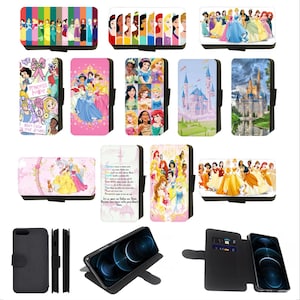 May include: A collection of 12 different Disney Princess phone cases. The cases feature various princesses, castles, and quotes. The cases are available in both flip and snap-on styles.