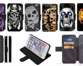 Skull Gothic Flip Phone Case Wallet iPhone 4 5 6 7 8 X Xs XR Xs Max 11 11 Pro 11 Pro Max or Galaxy (Set 1)