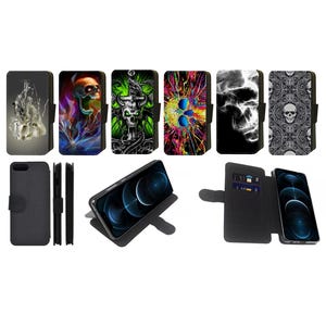 Funda tipo cartera con diseño de calavera gótica y huesos, compatible con Apple iPhone, Google Pixel y Samsung Galaxy (juego de 2)