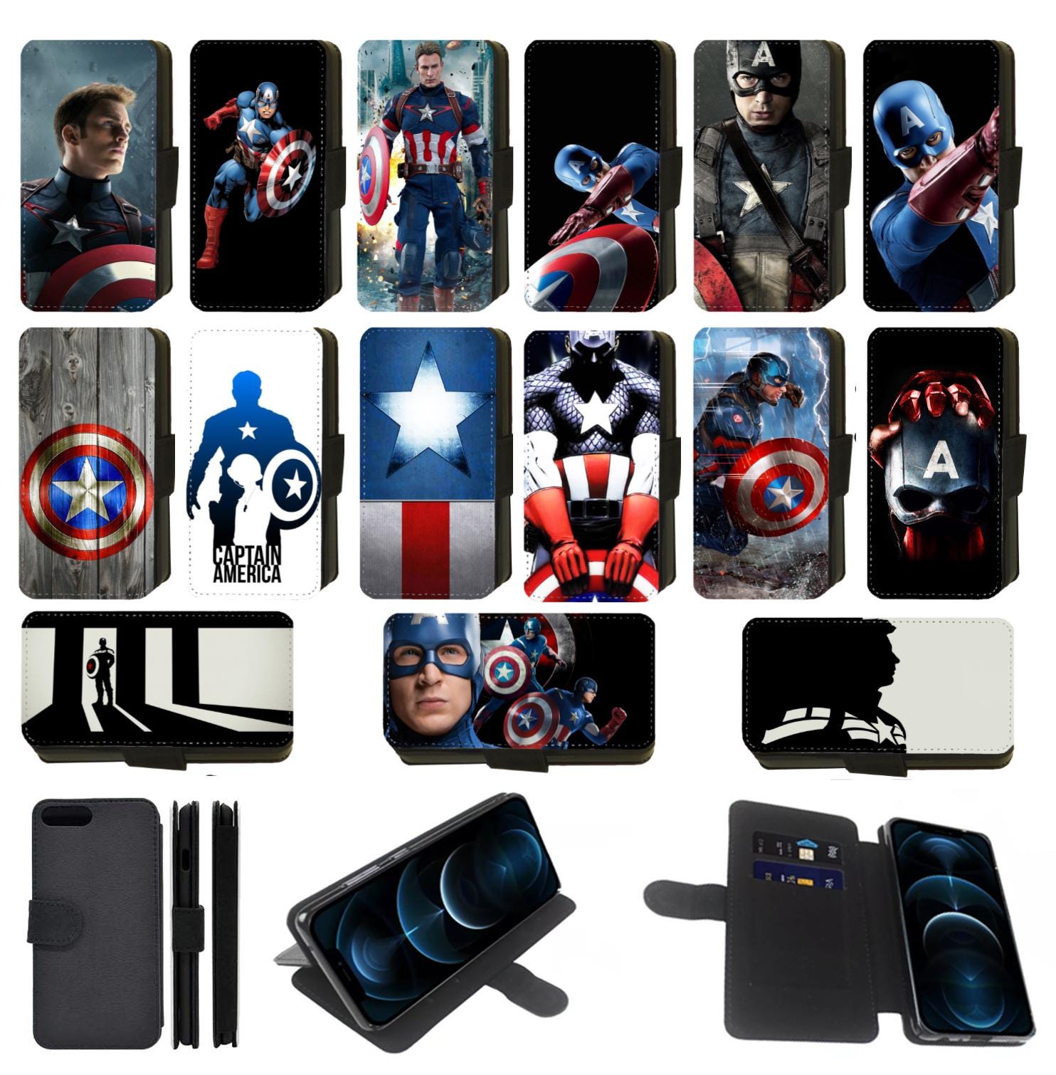 Superhero Captain America Avengers Inspired Printed Flip Phone Case Wallet Compatible with Apple iPhone, Google Pixel, Samsung Galaxy (S1)