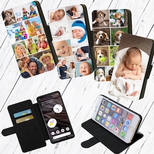 May include: Three different phone cases with photo collage designs. The first case features a collage of photos of a family, the second case features a collage of photos of a baby, and the third case features a collage of photos of a dog. The cases are all black and have a flap that covers the screen of the phone.